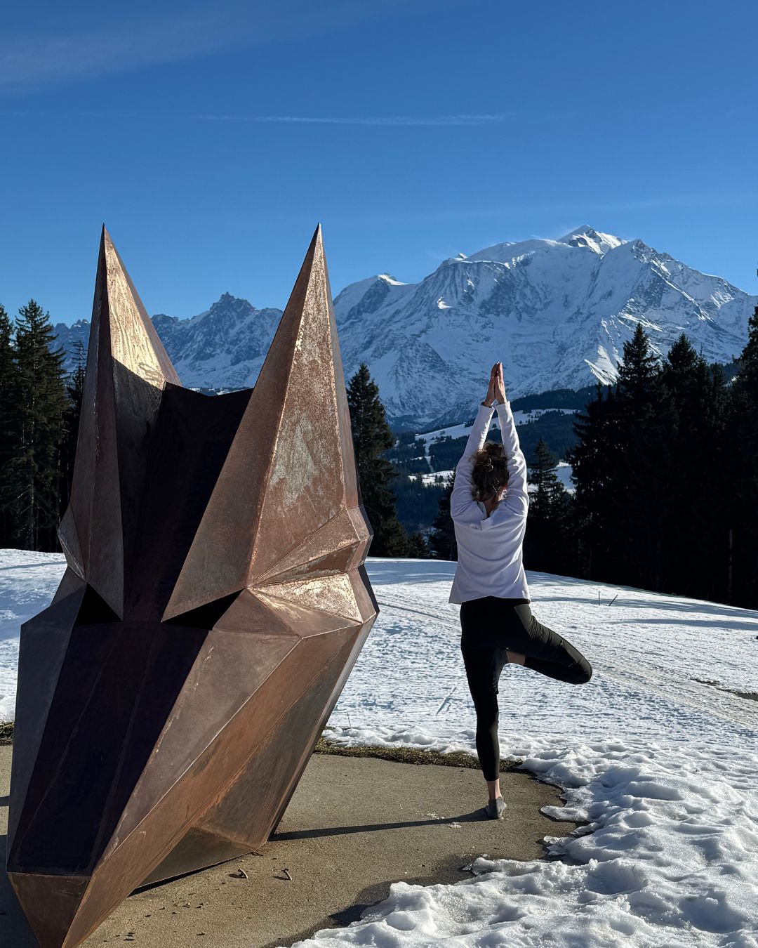 Yoga à l'alpage de Beauregard Posture de l'arbre près de la tête de Loup de Combloux à l'alpage de Beauregard