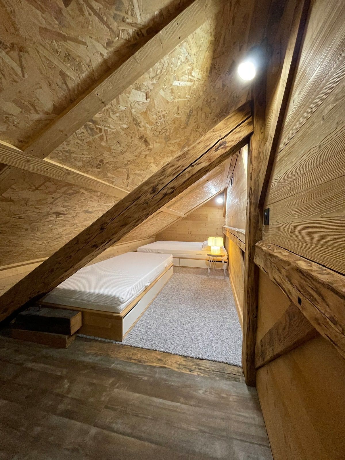 Chambre refuge : mezzanine sous le toit avec lits simples